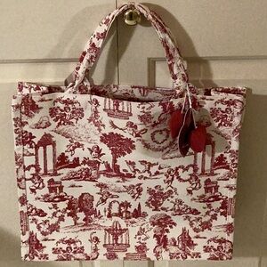 Canvas Red/White Toile de Jouy Pattern Tote Bag